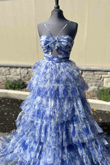 Straps Blue Floral Print Keyhole Ruffle A-line Long Prom Dress