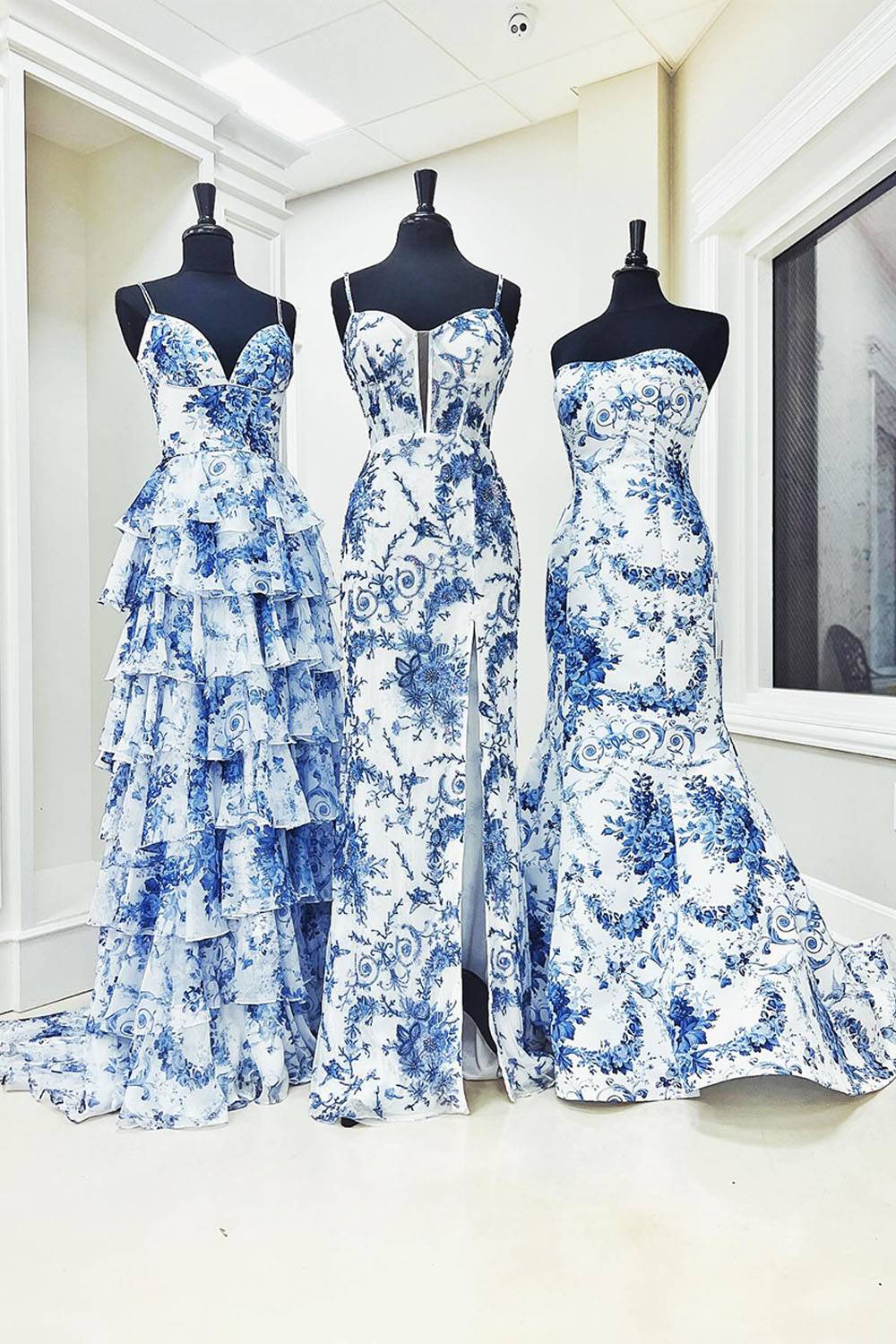 Blue Floral Print Sheath Long Prom Dress