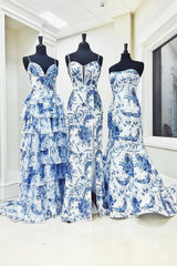 Blue Floral Print Sheath Long Prom Dress