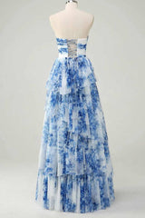 Elegant Blue Floral Print Lace-up Gala Prom Dress with Strapless