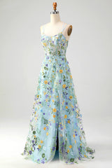 A Line Spaghetti Straps Front Slit Tulle Applique Long Prom Dress With Embroidery With Flowers