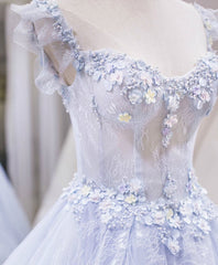 Blue Lace Floral Long Prom Dresses, Blue Lace Flower Long Formal Graduation Dresses