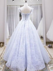 Blue Lace Floral Long Prom Dresses, Blue Lace Flower Long Formal Graduation Dresses