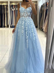 Blue Lace Prom Dresses with Straps, Blue Lace Formal Evening Graduation Dresses
