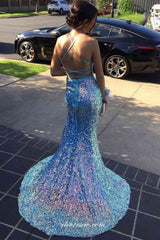 Blue Laser Sequined Lace Up Back Side Slit Mermaid Prom Dresses, CP0827