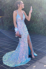 Blue Laser Sequined Lace Up Back Side Slit Mermaid Prom Dresses, CP0827