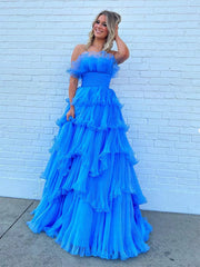 Blue Layered High Low Long Prom Dresses, Blue Layered High Low Long Formal Evening Dresses