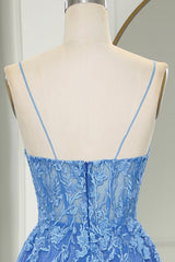 Blue Long Prom Dress Cheap A-Line Formal Dress Tulle With Appliques