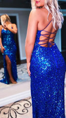 Blue Mermaid Sequin Prom Dresses, Lace Up Back Evening Formal Gown,AST1626