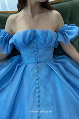 Blue Organza Off The Shoulder A-line Elegant Prom Dresses, CP0729