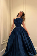 Blue Prom Dress, Strapless Evening Dress, Sleeveless Party Dress, A-Line Birthday Dress,AST1697
