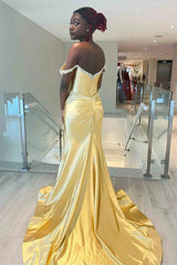 Blue Satin Off the Shoulder Long Prom Dress with Slit