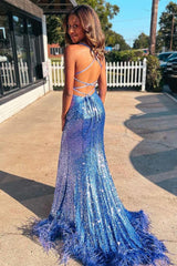 Blue Sequin Feather Back Mermaid Sparkly Long Prom Dress With Slit TP1210