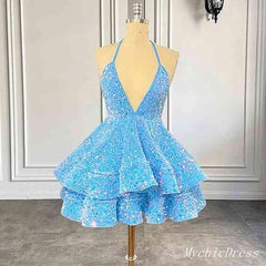Blue Sequin Homecoming Dresses Sleeveless V Neck A Line Cocktail Dresses