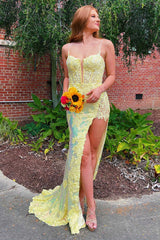 Blue 2024 Sequins Long Prom Dress Lace Spaghetti Straps Formal Dress with Slit