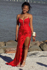 Blue 2024 Sequins Long Prom Dress Lace Spaghetti Straps Formal Dress with Slit