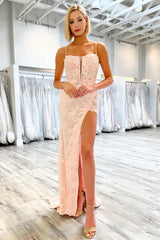 Blue 2024 Sequins Long Prom Dress Lace Spaghetti Straps Formal Dress with Slit