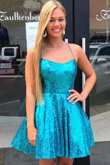 Blue Sequins Spaghetti Straps Backless Short Homecoming Dress HD0154