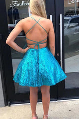 Blue Sequins Spaghetti Straps Backless Short Homecoming Dress HD0154