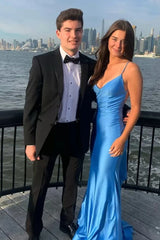 Blue Spaghetti Straps Mermaid Satin Long Prom Dress with Sleeveless