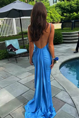 Blue Spaghetti Straps Mermaid Satin Long Prom Dress with Sleeveless