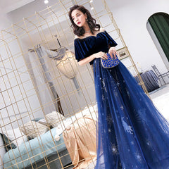 Blue Tulle Long Beaded  Party Dress, Blue Velvet Top Prom Dress Evening Gown
