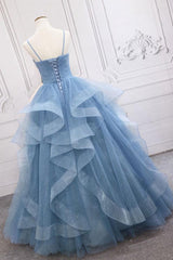 Blue Tulle Sequin Long Prom Dress Blue Tulle Formal Dress TP1143