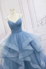 Blue Tulle Sequin Long Prom Dress Blue Tulle Formal Dress TP1143
