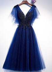 Blue Tulle Short Party Dress with Lace Applique, Blue Formal Dress Prom Dresses