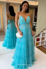Blue Tulle Spaghetti Strap A-line Backless Party Dresses, CP0681
