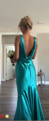 Blue V-Neck Mermaid Satin Backless Long Prom Dress