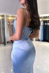 Blue V Neck Lace Satin Mermaid Long Prom Dress Formal Gowns TP1301