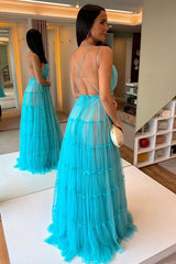 Blue V Neck Tulle Long Prom Dress Blue Tulle Formal Dress TP1152