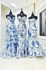 Blue Floral Print Sheath Long Prom Dress