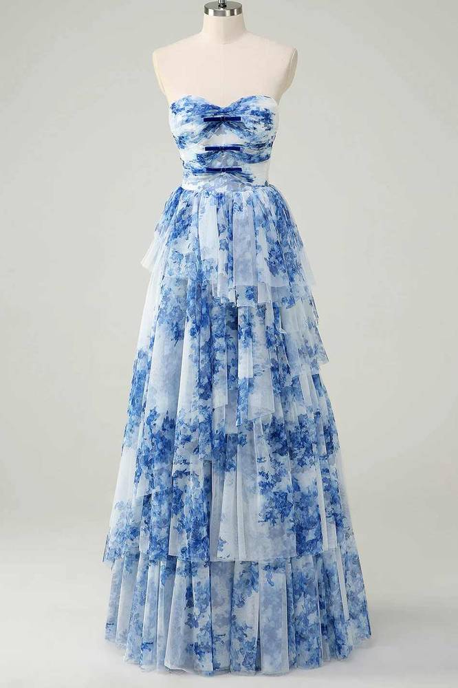 Elegant Blue Floral Print Lace-up Gala Prom Dress with Strapless