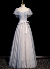 Blue and Pink Beaded Tulle Lovely A-line Long Party Dress, Tulle Evening Dresses Prom Dresses