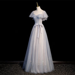 Blue and Pink Beaded Tulle Lovely A-line Long Party Dress, Tulle Evening Dresses Prom Dresses