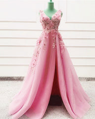 Tulle Prom Dresses Flowers Embroidery V Neck Leg Slit