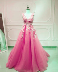 Tulle V Neck Evening Dresses Lace Flowers Embroidery