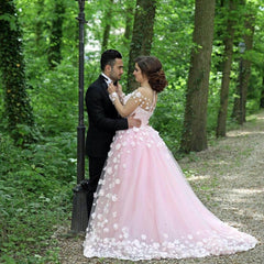 Blush Pink Tulle Long Sleeves Evening Gowns With Floral Flowers
