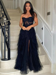 Blush A-Line Strapless Tulle Tiered Long Corset Prom Dress