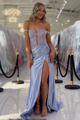 Blush Off the Shoulder Mermaid Corset Floor Length Prom Dress with Appliques