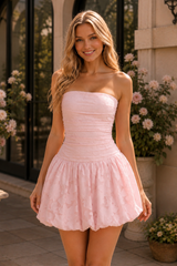 Blush Pink Strapless Jacquard Homecoming Dress with Bubble Hem