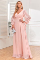 A-Line Chiffon V-Neck Mother of the Bride Dress with Long Sleeves