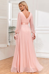 A-Line Chiffon V-Neck Mother of the Bride Dress with Long Sleeves