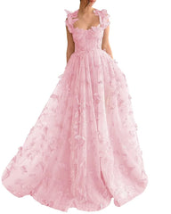 Long Tulle Prom Dress with 3D Butterflies Floor Length Formal Evening Party Gowns for Women Lace Applique