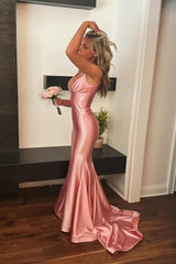 Blush V-Neck Mermaid Satin Long Prom Dress
