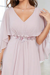 A Line Chiffon Long Wedding Mother of the Bride Dresses With Short Sleeves