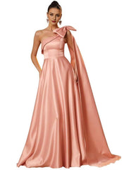 Wholesale One Shoulder Satin Prom Dresses with Bow Satin Bridesmiad Dress Split Long Formal Evening Gown