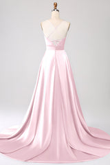 Black A Line Spaghetti Straps Satin Prom Dress with Slit